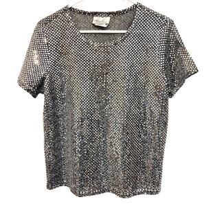 Kathie Lee Collection Silver Sequin Top Short Sleeve Party Holiday Glam Medium